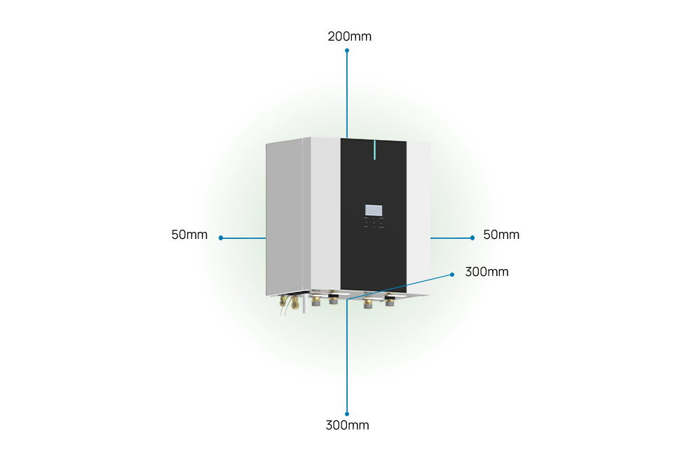 SPHERA EVO 2.0 BOX, die für die Installation erforderlichen Abstände sind: 50 mm auf beiden Seiten, 200 mm oben, 300 mm unten, 300 mm vorne