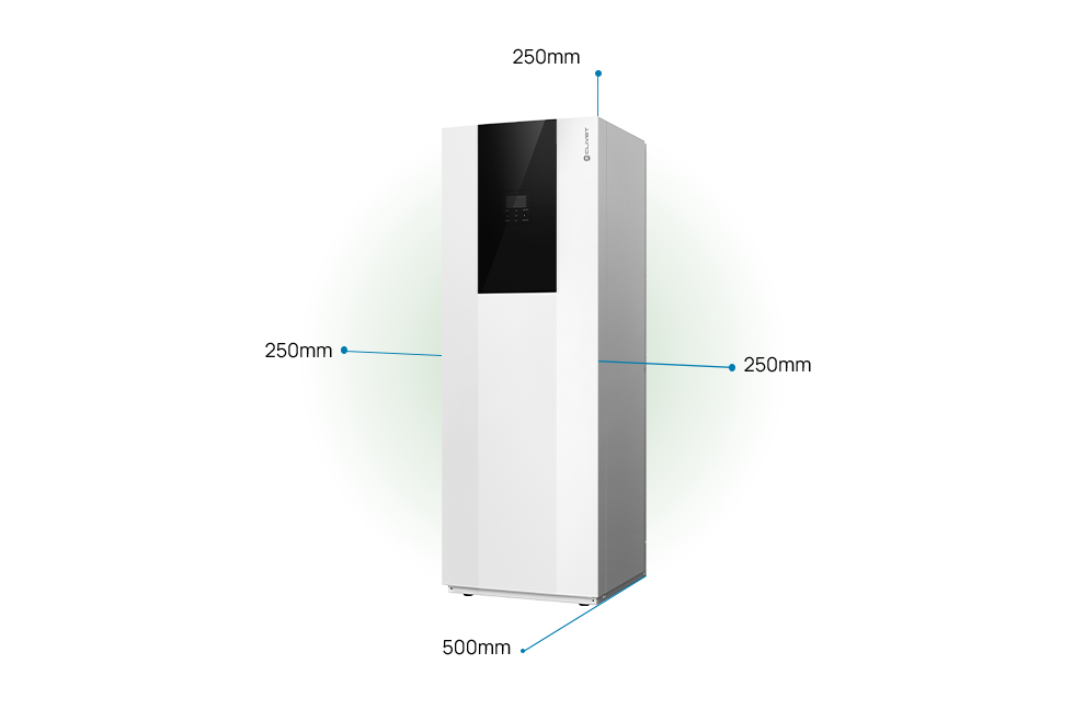 Abstände zum Innengerät: 500 Millimeter vorne, 250 Millimeter auf beiden Seiten, 250 Millimeter von der Oberseite