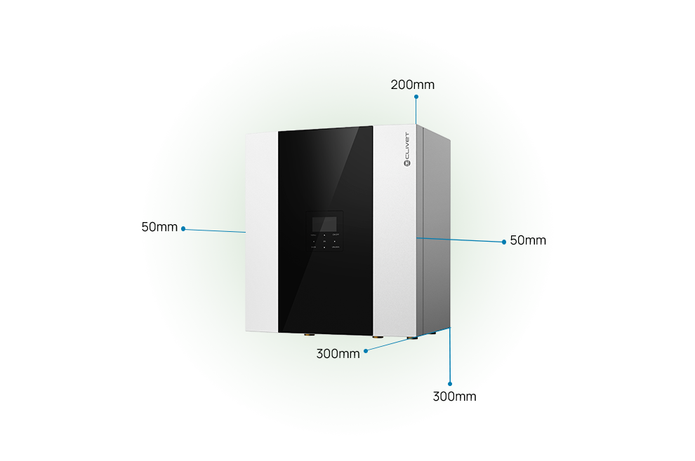 Einzuhaltende Abstände: 50 mm auf beiden Seiten, 300 mm vorne, 300 mm unten und 200 mm oben.