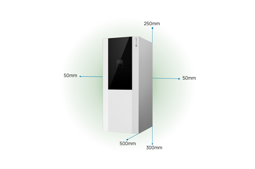 Einzuhaltende Abstände: 500 mm vorne, 50 mm auf beiden Seiten, 300 mm unten, 250 mm oben