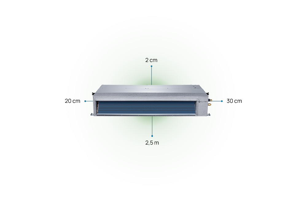 Für DUCT 2 einzuhaltende Abstände: 20 und 30 cm seitlich, 2 cm oben und 2,5 m unten