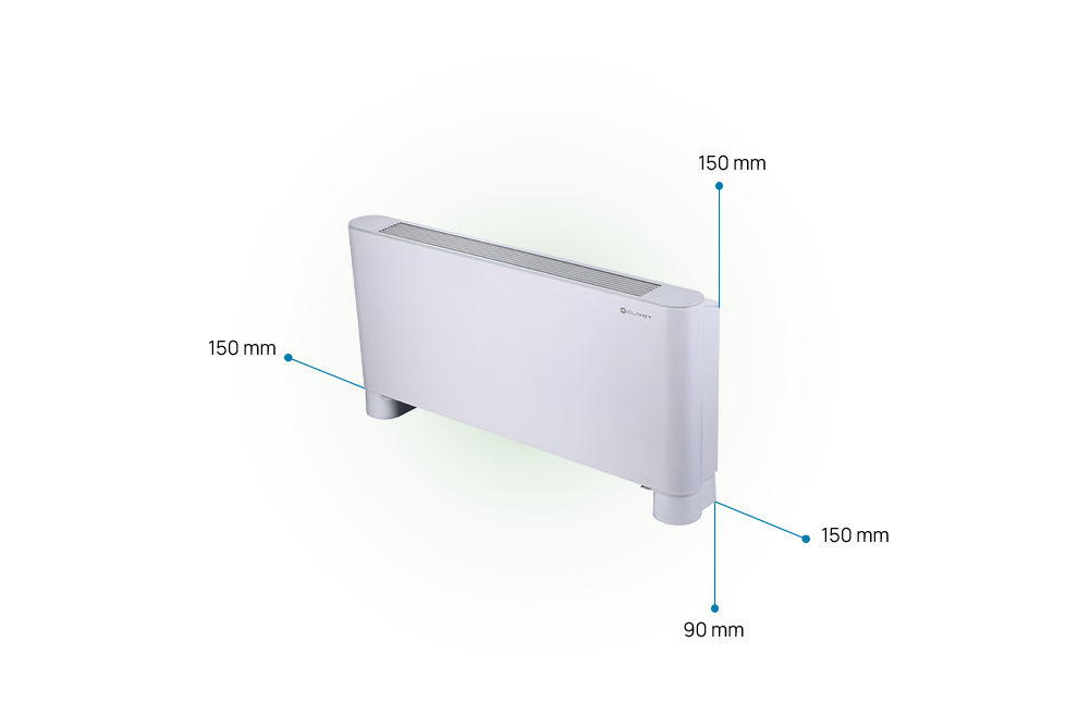 Einzuhaltende Abstände für das AURA-Gerät: 150 mm auf beiden Seiten, 150 mm oben, 90 mm unten