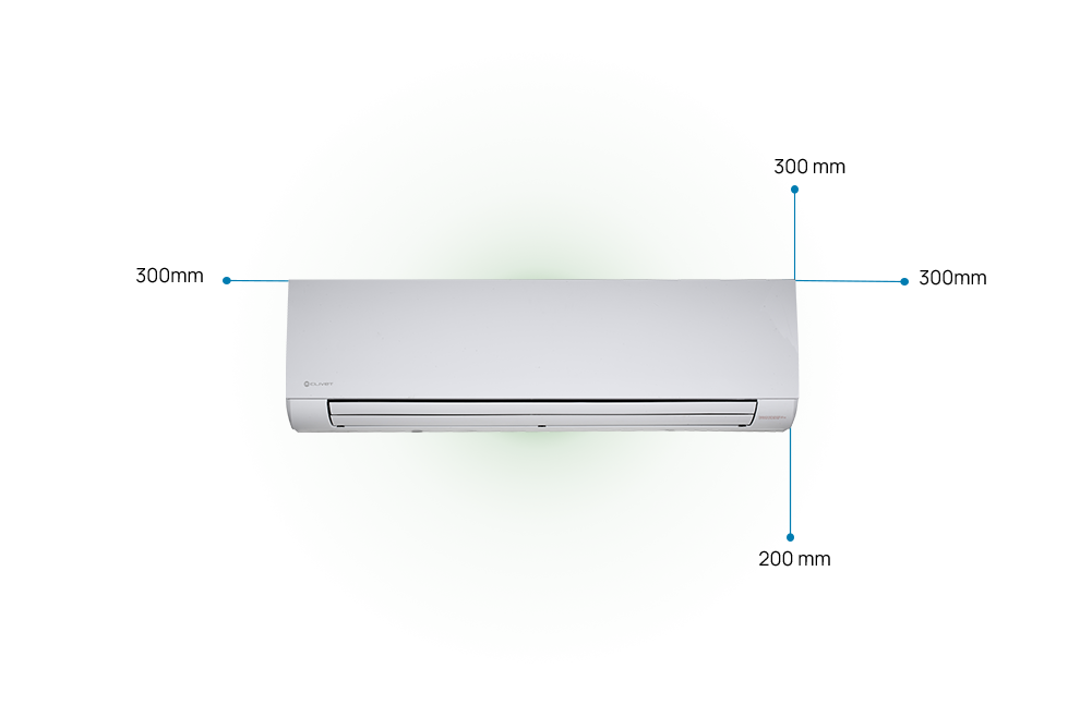 Einzuhaltende Abstände für das MOOD-Gerät: 300 mm auf beiden Seiten, 200 mm unten, 300 mm oben.