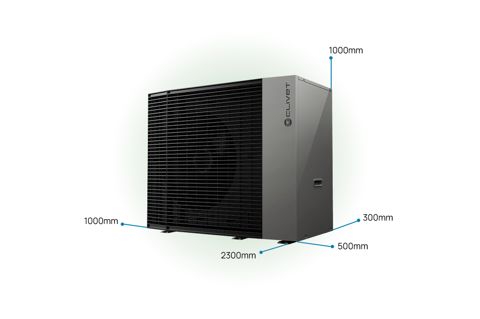 Einzuhaltende Sicherheitsabstände: 500 Millimeter auf der linken Seite, 1000 Millimeter auf der rechten Seite, 2300 Millimeter vorne, 300 Millimeter hinten und 1000 Millimeter oben.